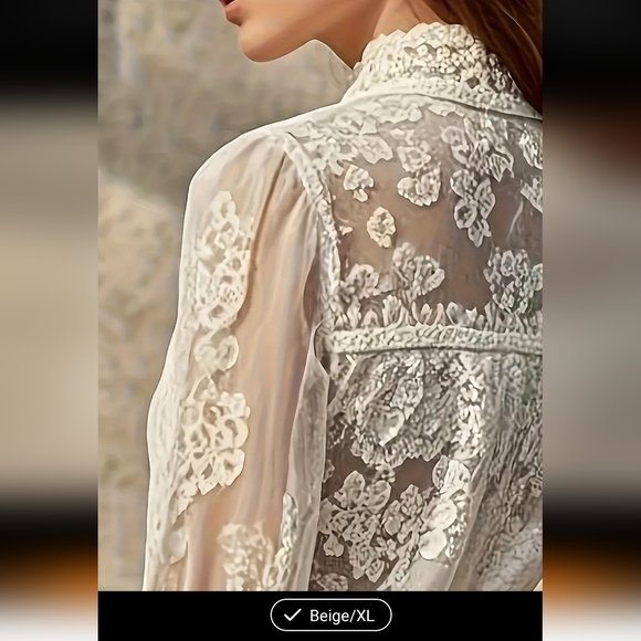 Elegant Lace Beige Women's Top SzXL - Picture 3 of 4